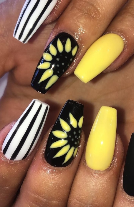 Neon And Black Sunflower Nails