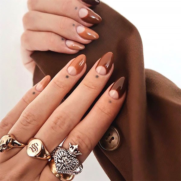 28 Trendy Brown Nail Designs 2021 : Shades of brown nails with heart details