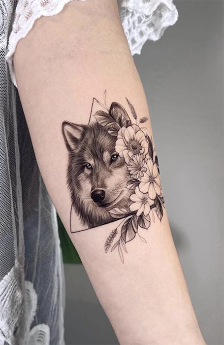 Awesome Wolf Head With Moon and Flowers Tattoo Design