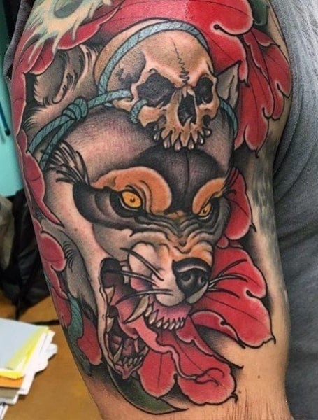 neo traditional wolf head tattoo