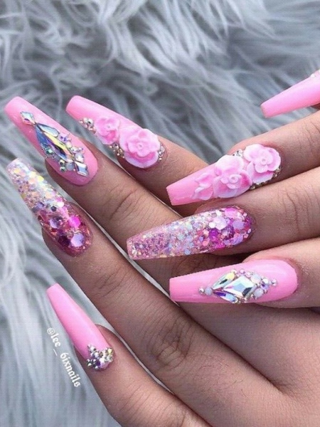 Pink Ombré Diamond with Flower Ballerina Nail – auraxnail