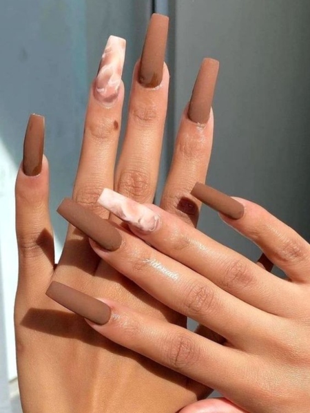 Brown Nail Art On Ballerina Nails