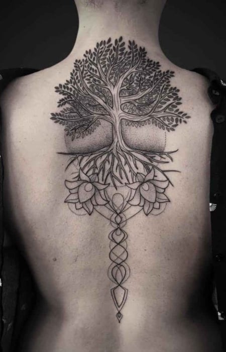 Tattoos by JenI Moss  A delicate tree down her spine  Facebook