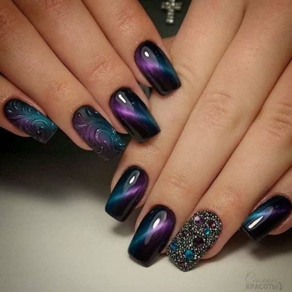 Black Blue And Purple Cat Eye Nails