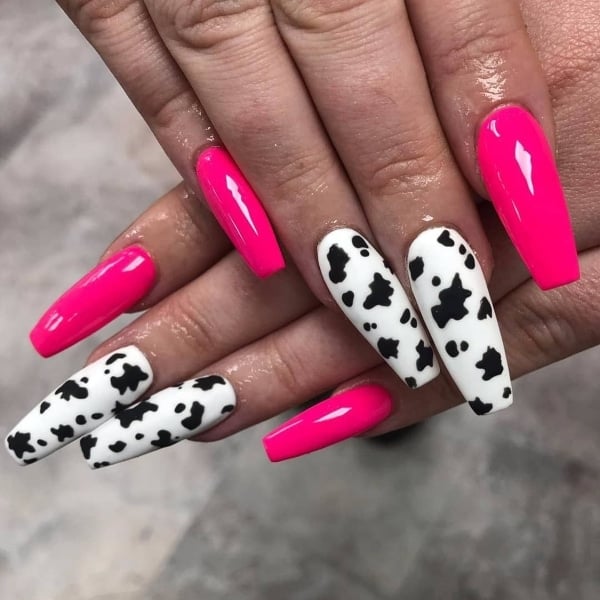 Black And Pink Cow Print Nails