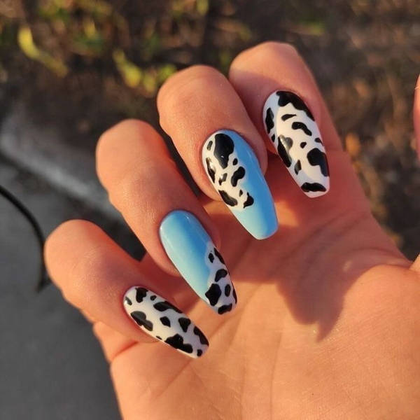 Blue Cow Print Nails