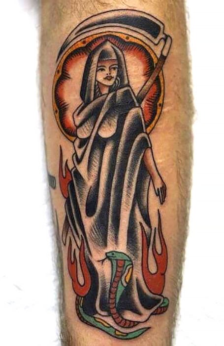 RatTattooEe  Doubleended hourglass with an angel and grim reaper plus  date of birth in Roman numerals dissolving into blood rather than sand   Facebook