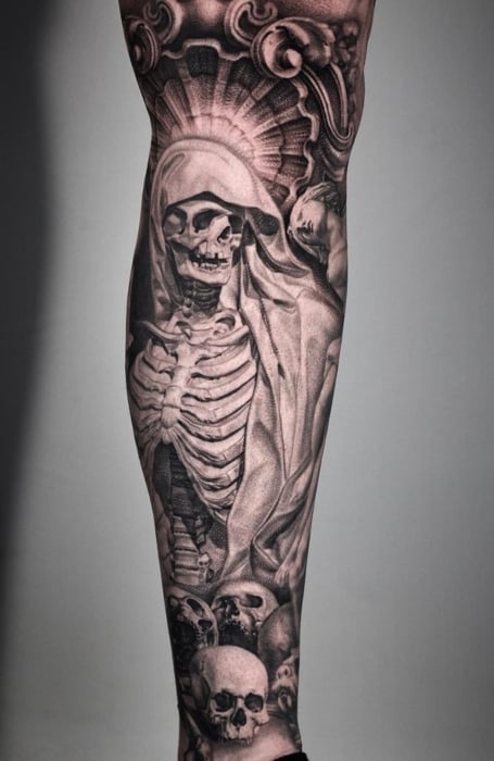 Grim Reaper Leg Sleeve Tattoo