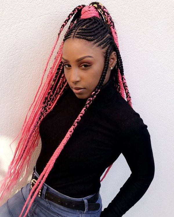 Pink Fulani Braids With Top Ponytail