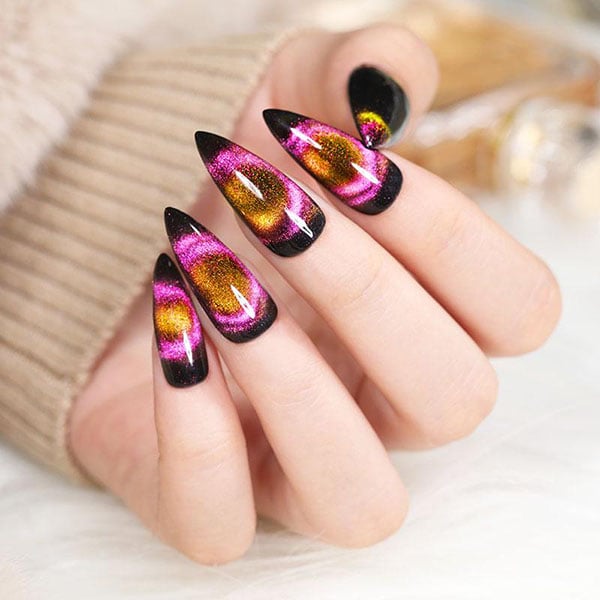 Pink And Yellow Cat Eye Nails
