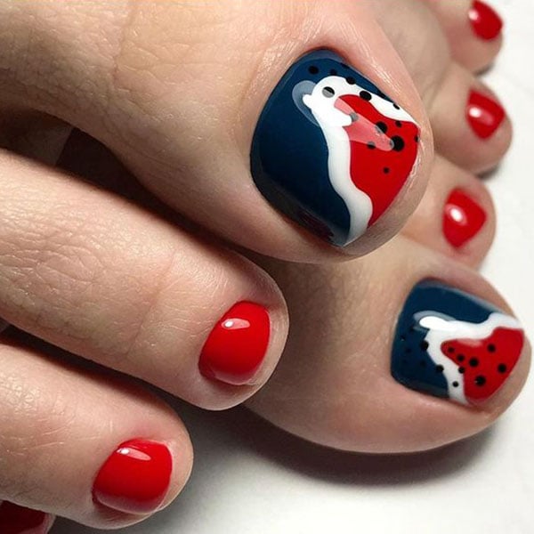 Red And Blue Abstract Toe Nails