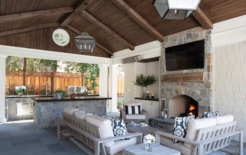 Stone Wall Kitchen With A Tv