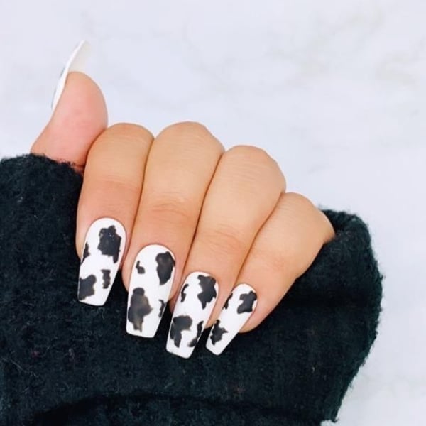 White Cow Print Nails