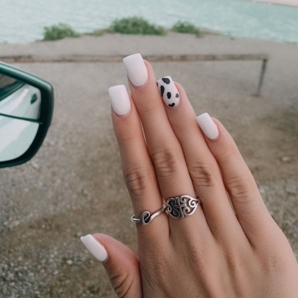 White Nails With One Cow Print