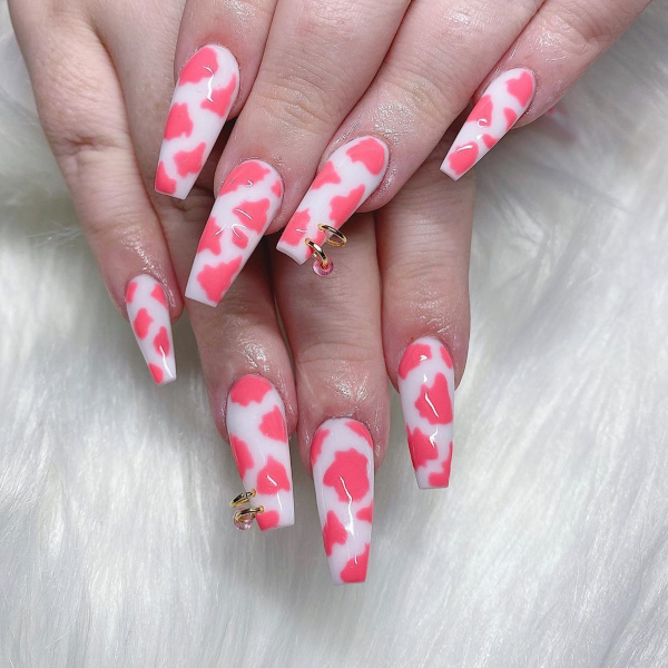 White Nails With Pink Cow Print