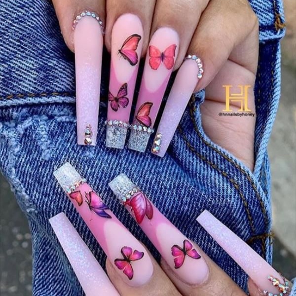 Acrylic Coffin Butterfly Nails