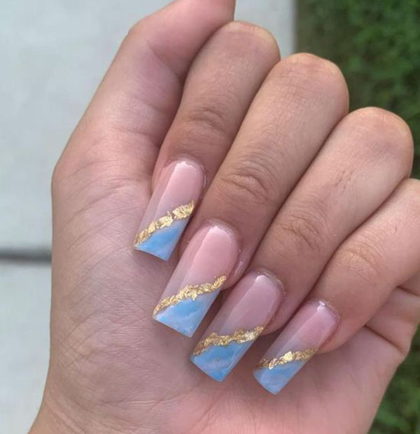 Baby Blue And Gold Acrylic Nails