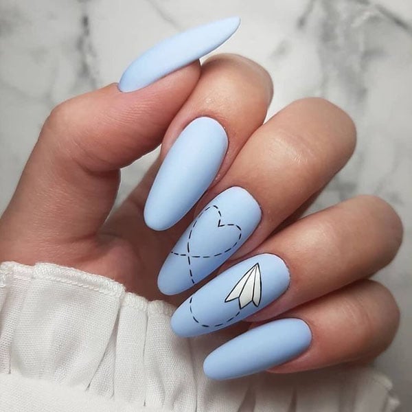 Blue Nails With Paper Aeroplane Art