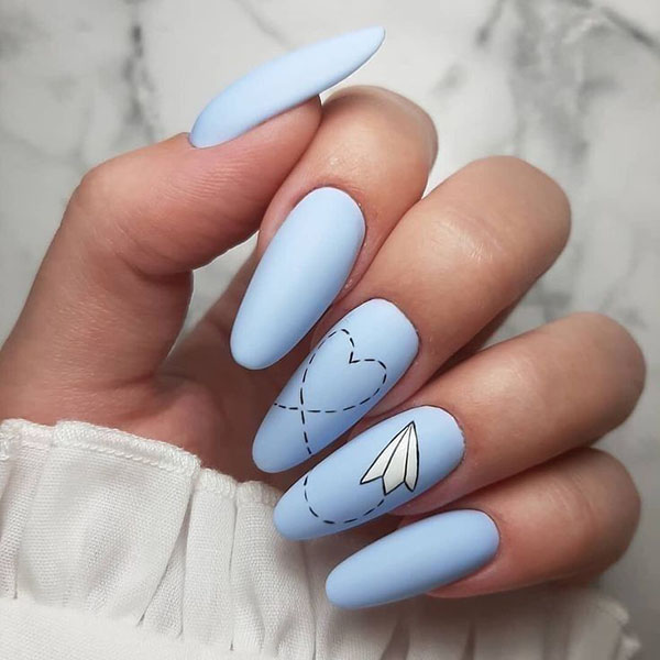 Blue Nails With Paper Aeroplane Art