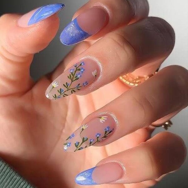 Blue Tip Acrylic Nails With Flower Art
