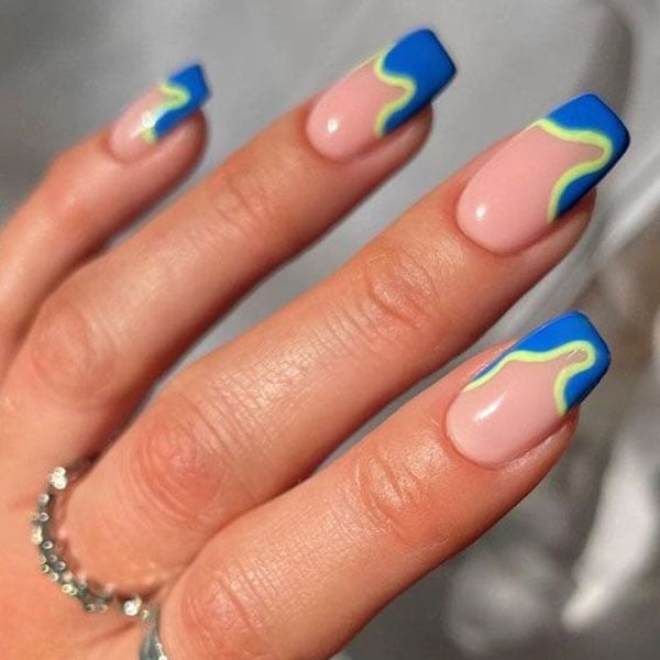 Blue And Neon Green Nails