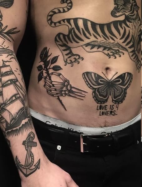 Butterfly Stomach Tattoo Men