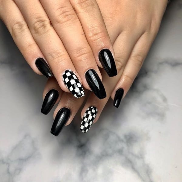 Coffin Black And White Acrylic Nails