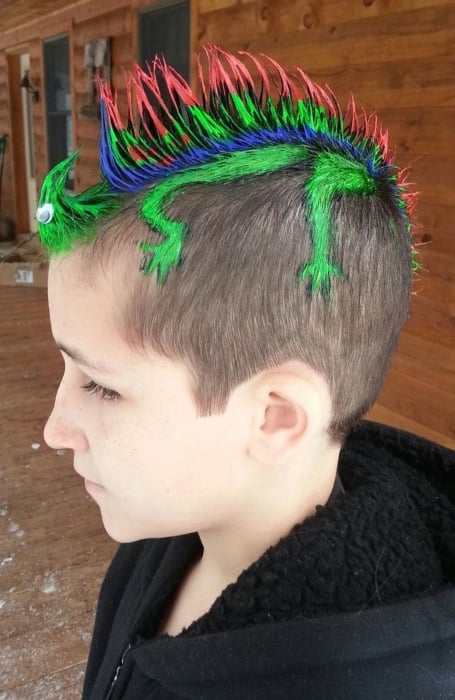 My client. Fohawk. Little boy hair. Blue hair. Green hair. | Boys colored  hair, Kids hair color, Hair dye for kids