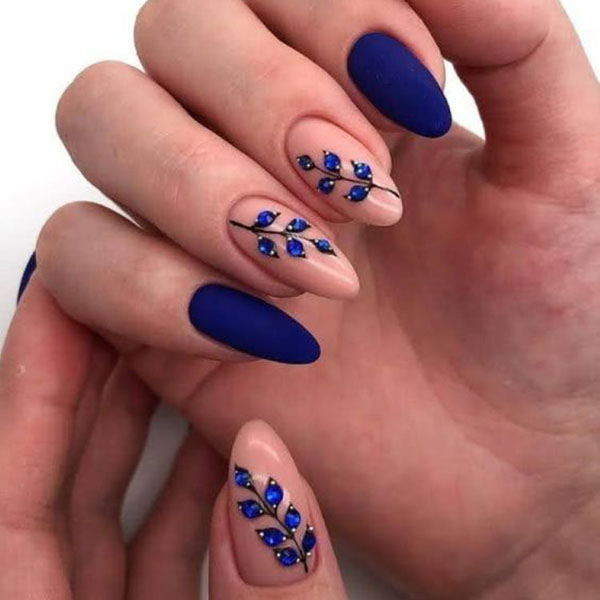 Elegant Matte Blue Nails With Delicate Art