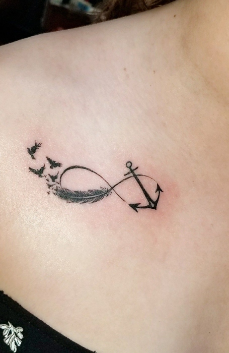 Love Feather Infinity Symbol Tattoo On Side Rib