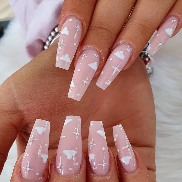 Pink Nails With White Clouds