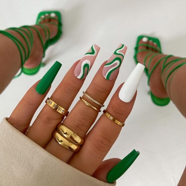 The NailzStation Glossy Pastel Green Studded Fake Nails  Artificial Nails  Press on Gel Nails in Coffin Pack of 12 nails with application kit Pastel  Green  Price in India Buy The