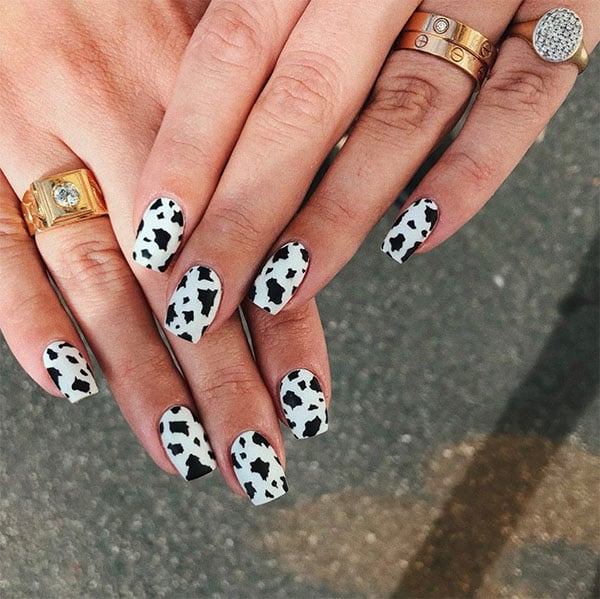 White Cow Print Nails (1)