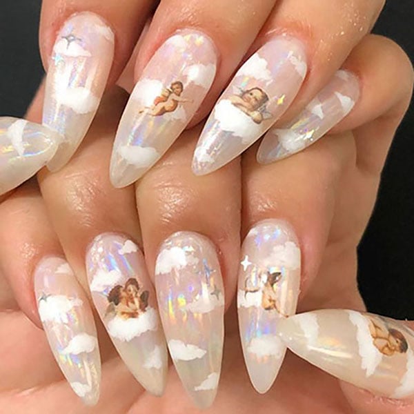 White Hollographic Angel Nails