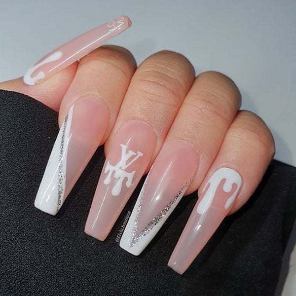 White Nude And Silver Lv Nails