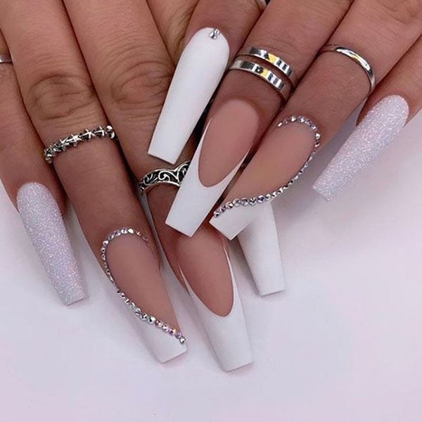 White Press On Nails With Rhinestones
