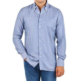 100hands Blue White Striped Cotton Blackline Slim Shirt Front