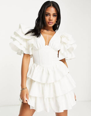Asos Luxe Jacquard Ruffle Sleeve And Ruffle Pep Corset Mini Dress In White