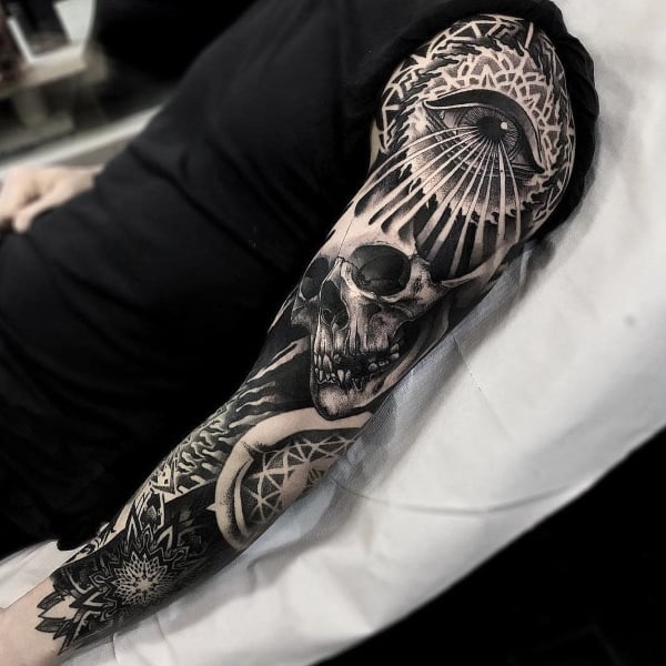 Skull & Roses Mech Sleeve Tattoo • • • • • #blackandgreytattoo  #blackandgrey #skulltattoo #skull #rosetattoo #rose #skullsandr... |  Instagram