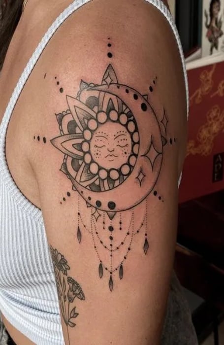 Crescent Moon And Sun Tattoo