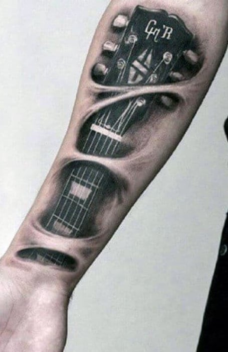 Attractive 3D Guitar Tattoo On Right Hand