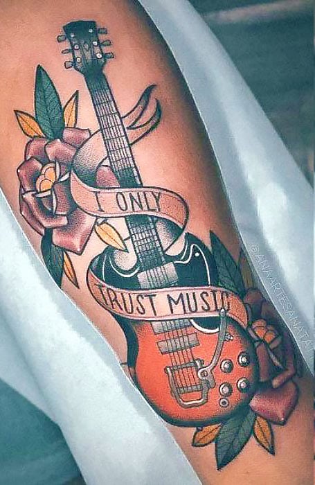 Tattoo uploaded by Hikikobori • Memorial tattoo fineline music note, guitar  and script • Tattoodo