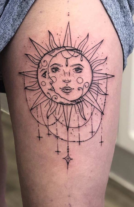 Outline Simple Sun And Moon Tattoo 