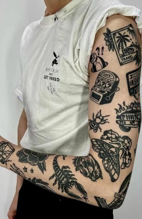 Neo traditional patchwork tattoo sleeve