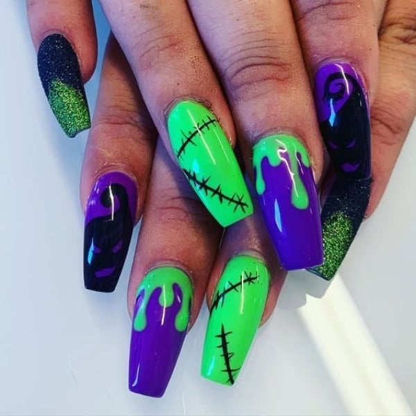 Purple And Green Halloween Nails