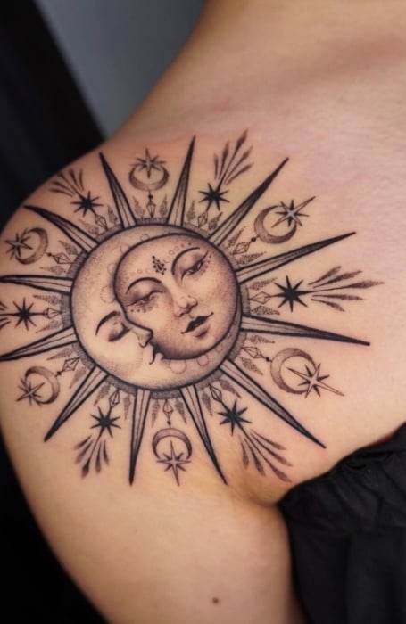 Shoulder Sun And Moon Tattoo 