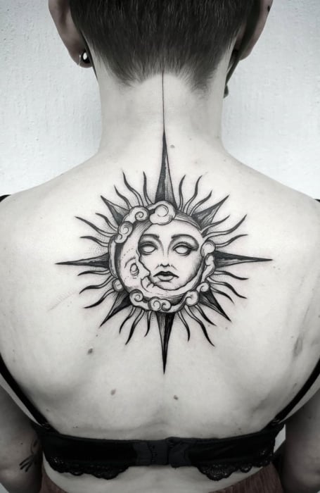Sun And Moon Face Tattoo 