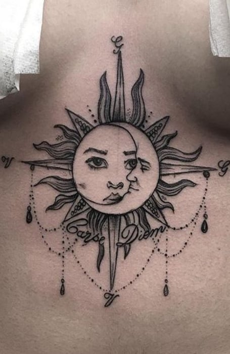 Sun And Moon Sternum Tattoo 