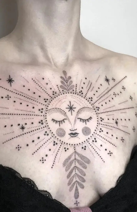 Sun And Moon Sternum Tattoo 