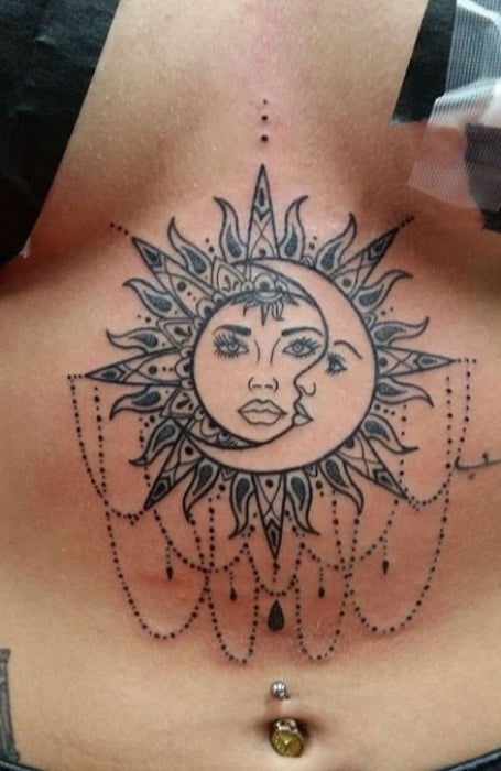 Sun And Moon Sternum Tattoo